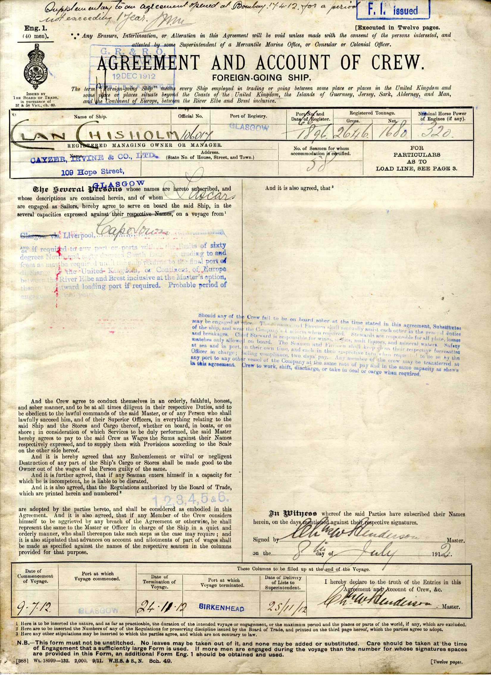 From the Clan Chisholm's crew agreement and official log, 1912
