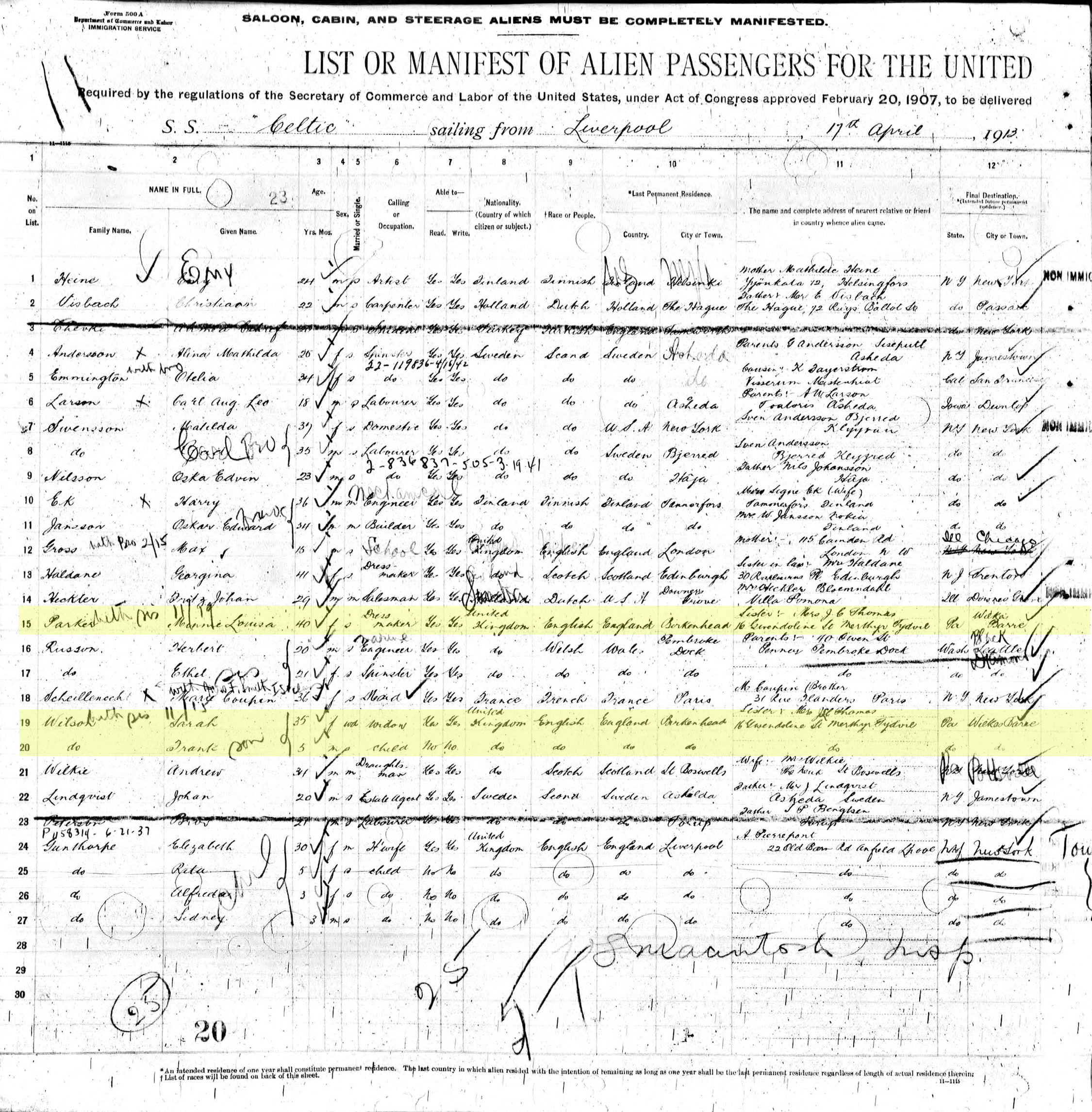 The R.M.S. Celtic manifest, April 1913 — the facing page's "going to join" column held the answer for 113 years