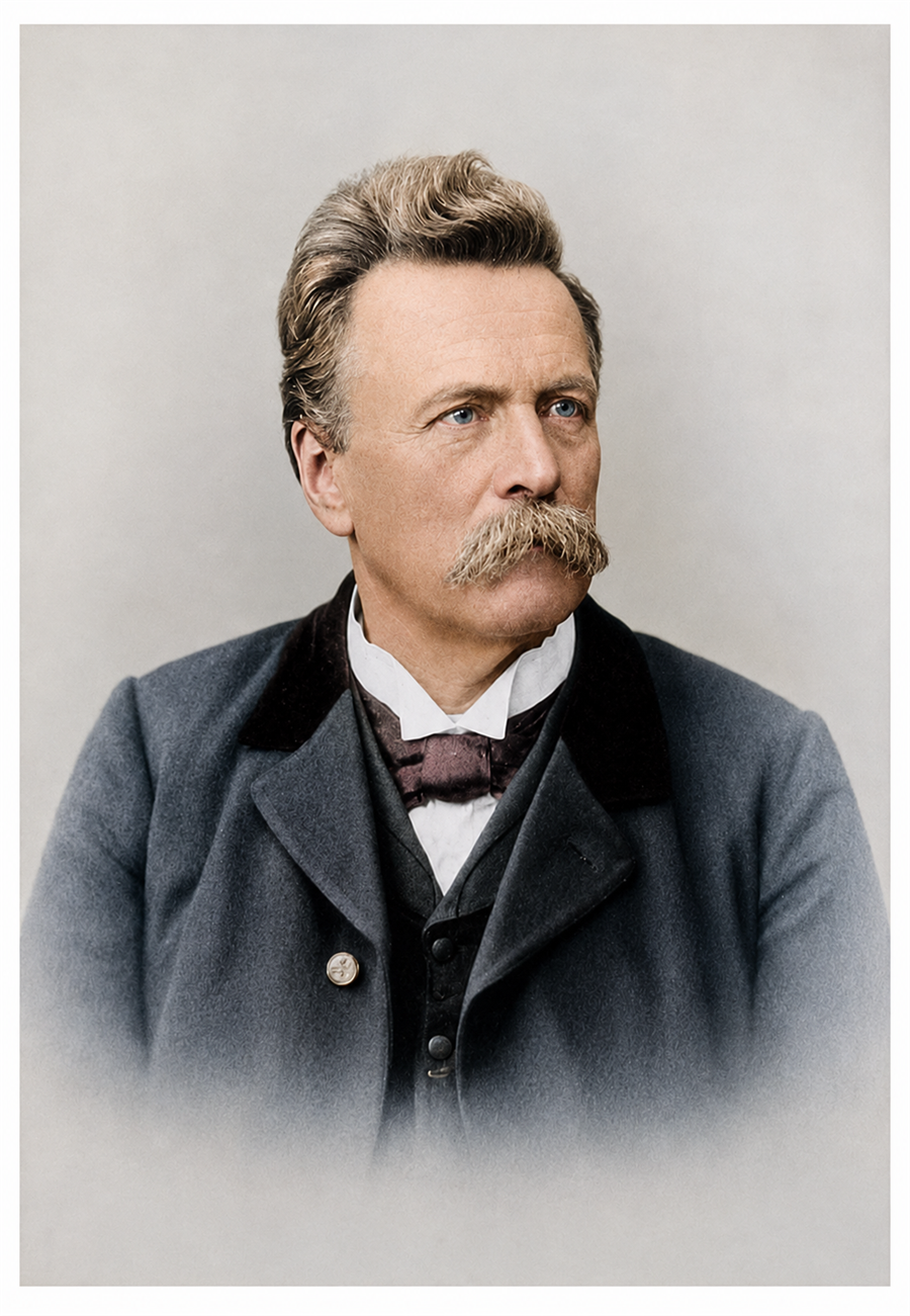 Head-and-shoulders portrait of Otto Wyser, a bearded man in his fifties in a grey overcoat with a velvet collar, white collar and dark bow tie - a colourised modern reconstruction