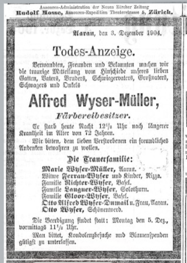 A black-bordered newspaper death notice set in Fraktur type, headed Todes-Anzeige, Aarau, 3 December 1904, for Alfred Wyser-Müller, dye-works owner, with the mourning family listed beneath.