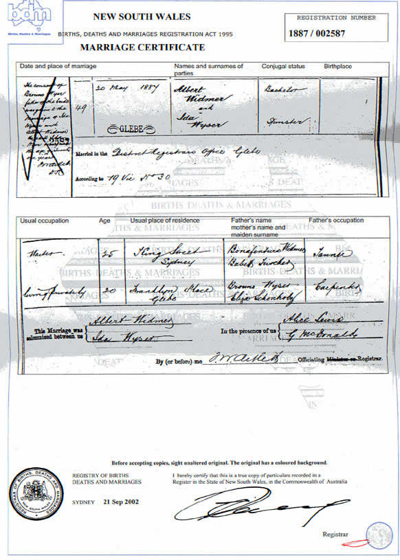 New South Wales marriage certificate, registration 1887/002587: Albert Widmer, bachelor, and Ida Wyser, spinster, married at the District Registrar's Office, Glebe, 20 May 1887.
