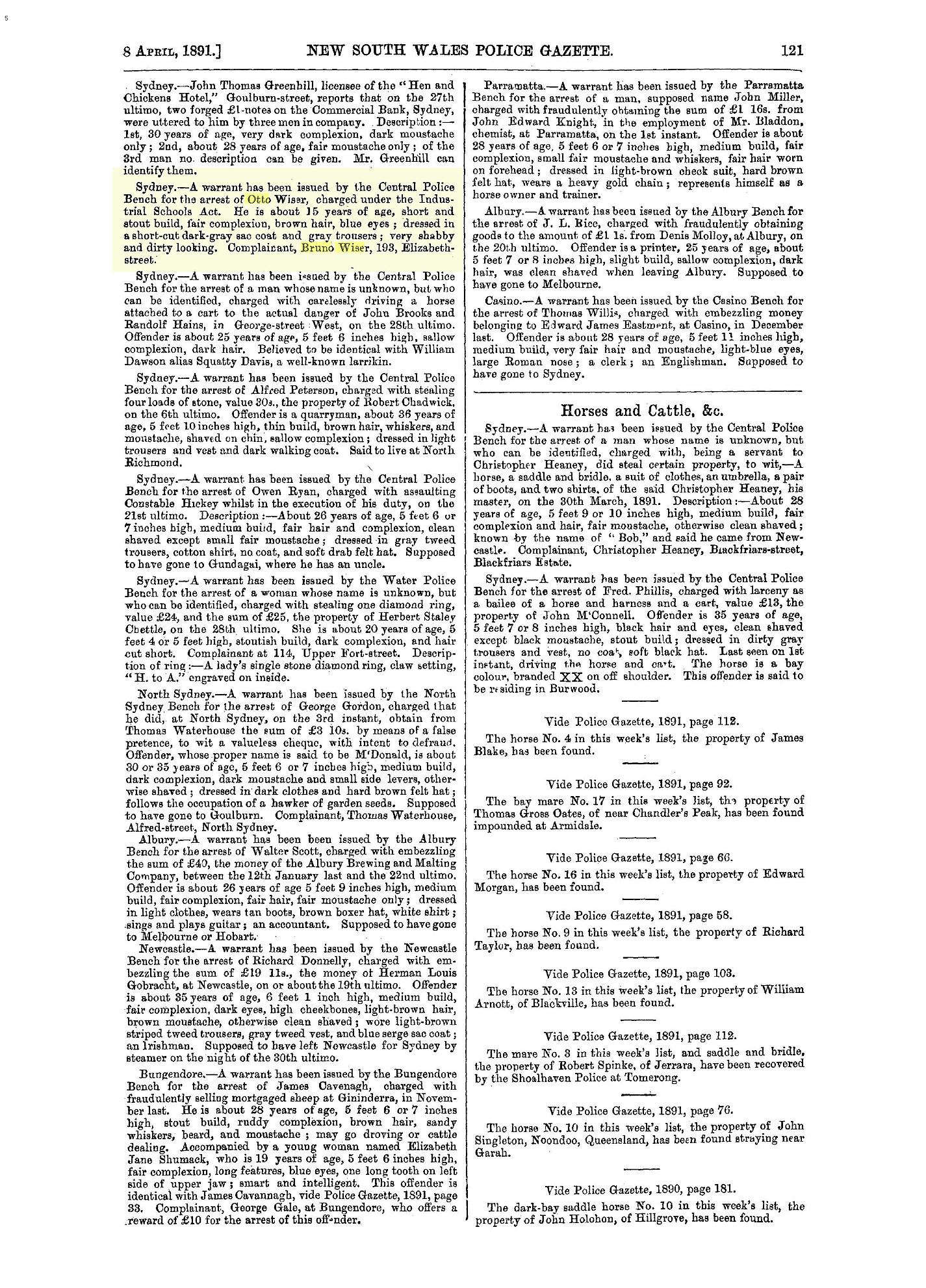A scanned column of the New South Wales Police Gazette for 8 April 1891, page 121, showing the warrant entry for Otto Wiser.