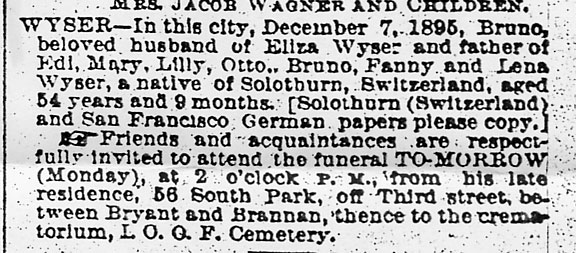 Newspaper death notice for Bruno Wyser, San Francisco, 8 December 1895, naming his widow Eliza and seven children and inviting friends to the funeral.