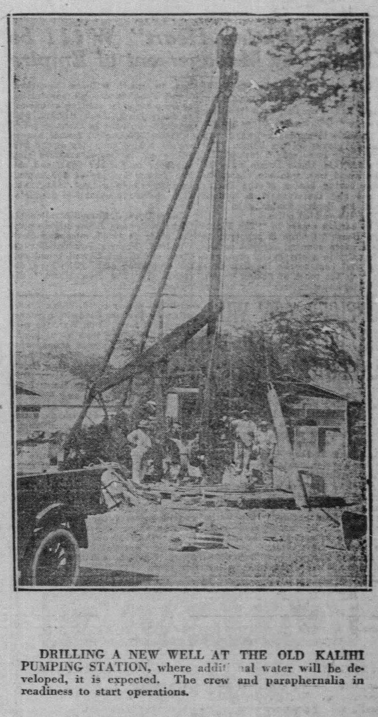 &ldquo;Drilling a new well at the old Kalihi pumping station&rdquo; &mdash; the station grounds in April 1926, the year before the old building was replaced. <em>Honolulu Advertiser</em>, 18 April 1926, p. 35, via Newspapers.com.