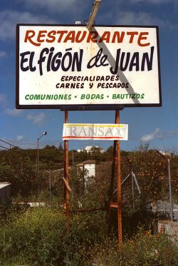 We used a company that specialised in employee motivation and incentive travel --Maritz--- to assist us with our second sales conference at Transax. Maritz sent us to Marbella, Spain. One of the activities was a "rally," where we divided into teams, each in a small jeep-like thing. The goal was this lunch spot. Doesn't that restaurant sign look inviting? Hmmm.