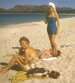 On the beach at Kaneohe -- my guess is 1948, shortly after my parents were married (in Nevada) and arrived in Hawaii to live. My father looks suitably "white," and there's no sign of me yet, hence my guess as to the date.