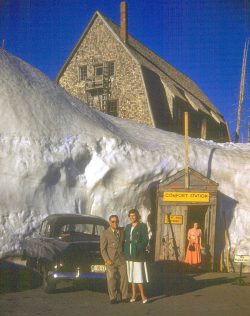 The location and date of this photograph are unknown, but I'm guessing it's not Hawaii. My grandfather, Baba, with my aunt Birdie outside the "comfort station."