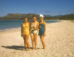 On the beach at Kaneohe. No signs of kids in the photo, so I would say this is 1948. The lush Kodachrome look to this photograph reminds me of 1950's Hawaii.