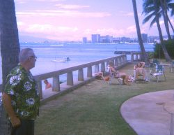 Baba (circa 1964 or 1965) checking out the Waikiki shoreline from the Elks Club. I don't ever remember him going to Elks meetings: I think he just joined because the club has a great location on the beach.