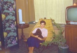 Taken at 140 Dowsett Avenue (I recognise the green tile). The inevitable dog. And a wonderful retro television set.