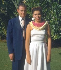 My father and mother, shortly after they arrived in Hawaii -- having been married in Nevada on their drive across the country from Boston. I love the cigarette in the hand.