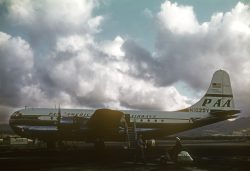 I did a Google search on this aircraft, N1025V. It was the first of 21 Stratocruisers delivered to PanAm (delivered on January 31, 1949). At the time it was called "Clipper America," although that doesn't seem to be the name in this photograph. (PanAm apparently had many aircraft called "Clipper America" over the years.) N1025V is now sold as a model. The real N1025V was sold to the Israeli Air Force in 1963 as a cargo plane, and last flew in March 1974.