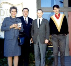 My parents -- Shirley Walsh and John Walsh -- and uncle Dudley Walsh standing with me (in garish V-neck sweater) in New Hampshire. Thanksgiving vacation of my first year at Rensselaer, November 1966.