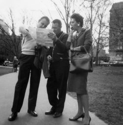 An unusual photo of men actually looking at a map. My father, John Walsh, and his brother Dinny are the map readers, while my mother, Shirley Walsh, looks on in amusement. If I were to guess, I would say this is in the Boston Common. April 1960
