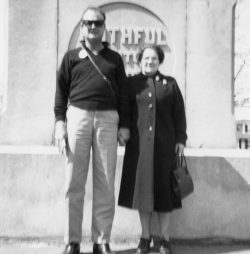 My father, John Walsh, in a strange sweater actually holding his mother's hand (Mary Kate Vahey Walsh). At a monument in New England, April 1960