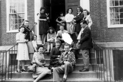 My parents met at Leland Powers in Boston. I don't know if this is a school photograph or not. The mystery, at least to me, is what happened to the person above my father whose face has been scraped away? My mother Shirley is on the lowest step (left) and my father John Walsh on the same step (right). One of my mother's friends from Hawaii, Barbara (Bappy) Pickup, is sitting on the top step. Circa 1948.