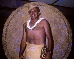I think this was taken as a publicity photo for Shirl-iti -- to sell Tahitian shell leis and woven hats. Kahala, the 1960's.